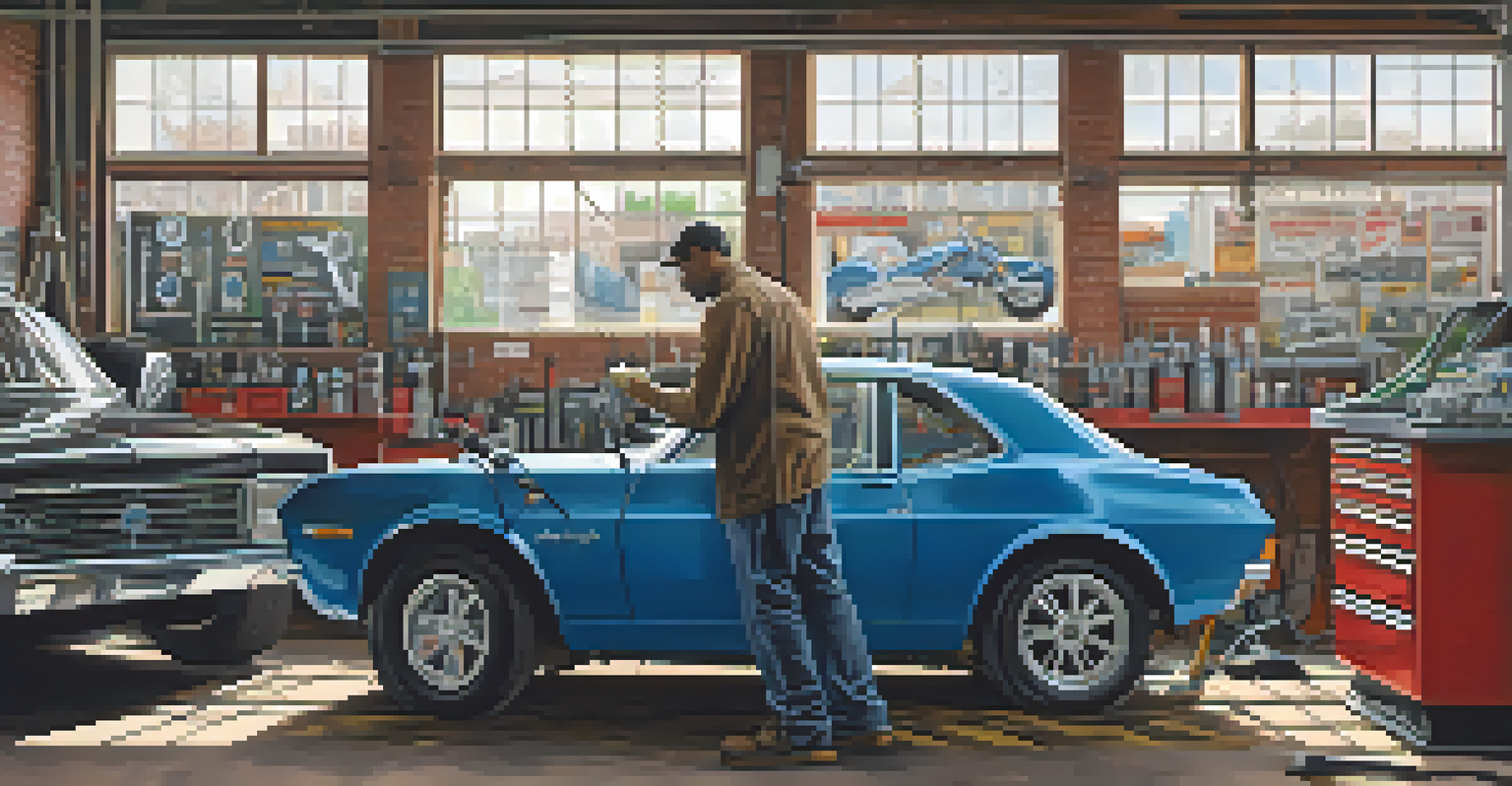 A mechanic working on an electric vehicle in a Detroit auto repair shop, surrounded by tools and eco-friendly posters, with natural light illuminating the scene.