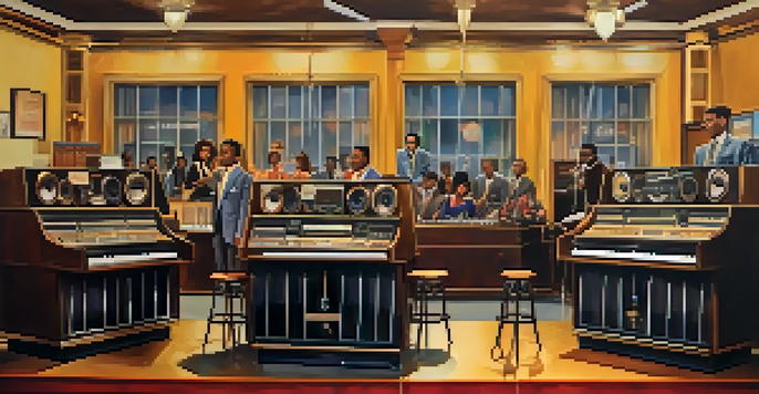 Berry Gordy Jr. in the original Hitsville U.S.A. building with early Motown artists, vintage recording equipment and a nostalgic atmosphere.