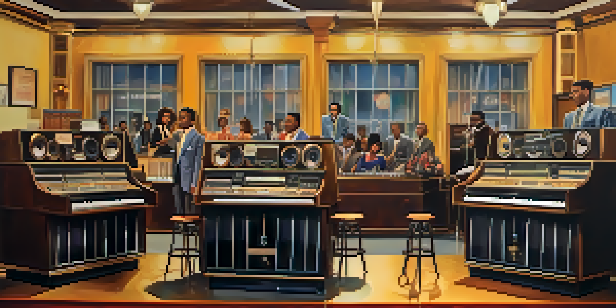Berry Gordy Jr. in the original Hitsville U.S.A. building with early Motown artists, vintage recording equipment and a nostalgic atmosphere.