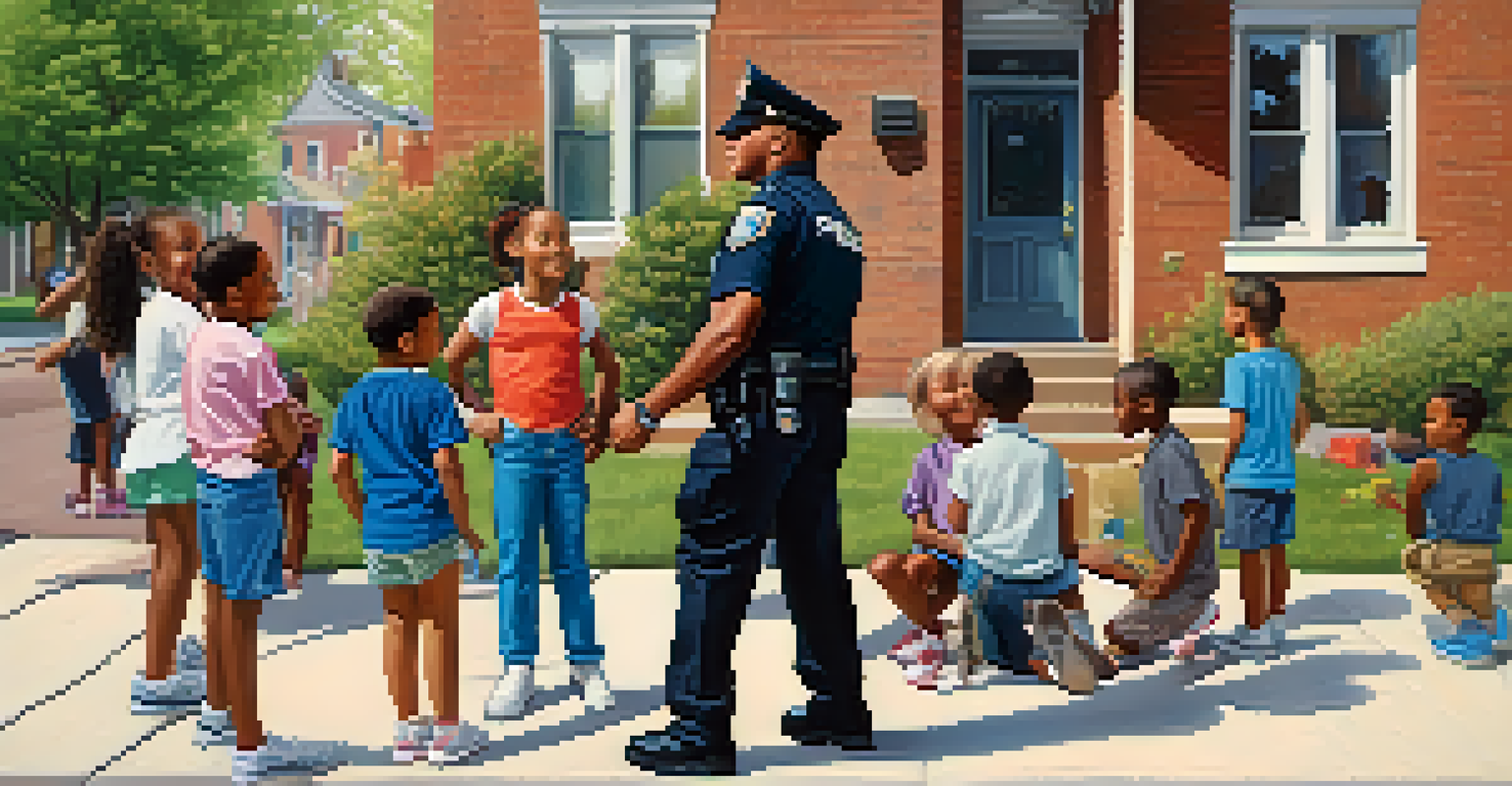 A police officer kneeling and smiling while interacting with diverse children in a Detroit neighborhood, promoting trust and collaboration.