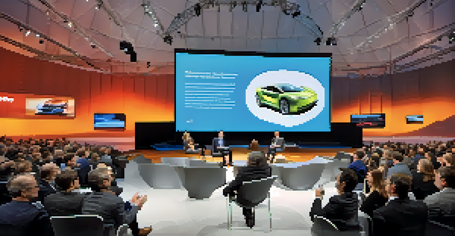 A panel discussion at an automotive show, with experts sharing insights on future technologies and an engaged audience.