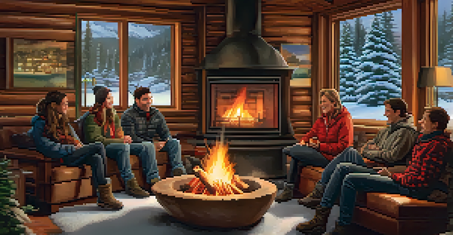 Friends gathered around a fireplace in a ski lodge after snowboarding in Detroit.