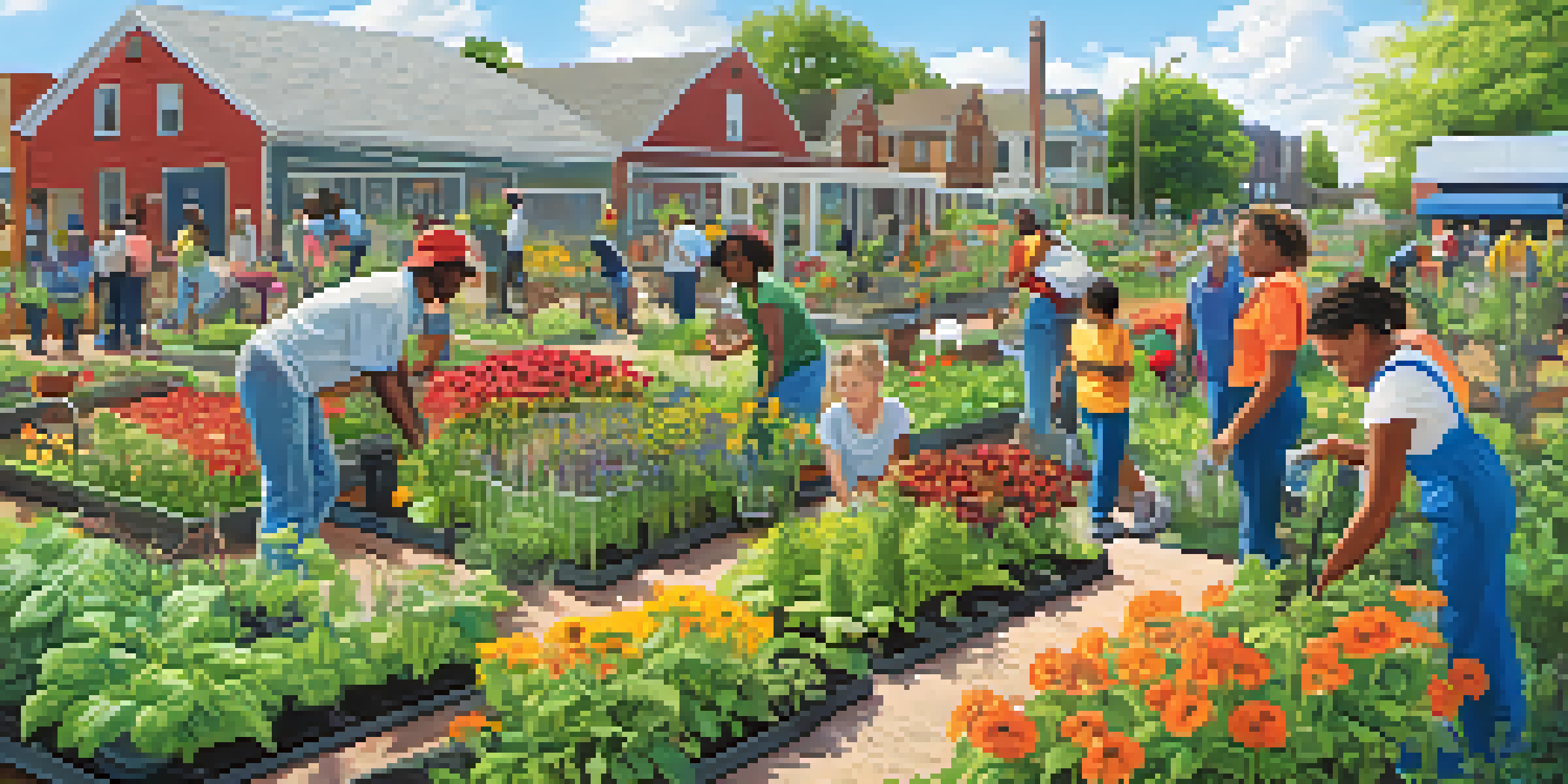 A diverse group of residents in a community garden, planting vegetables and flowers together under a sunny sky.