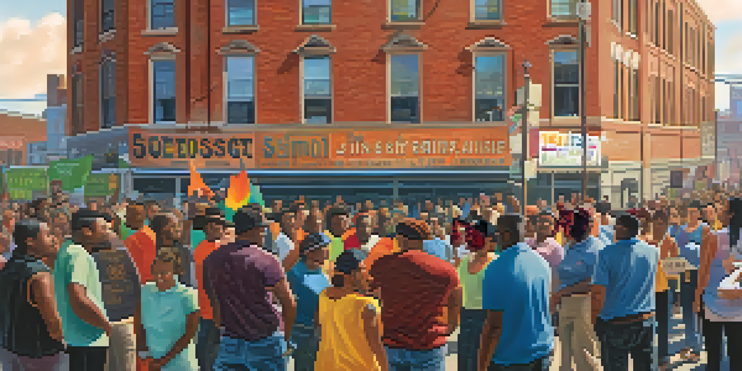 A diverse group of people in Detroit holding signs for social justice in front of a historic building, with colorful banners and warm lighting.
