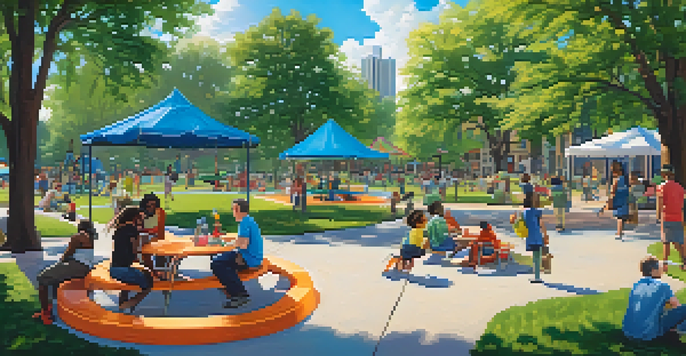 A lively urban park in Detroit with people enjoying various activities amidst greenery and colorful flowers.