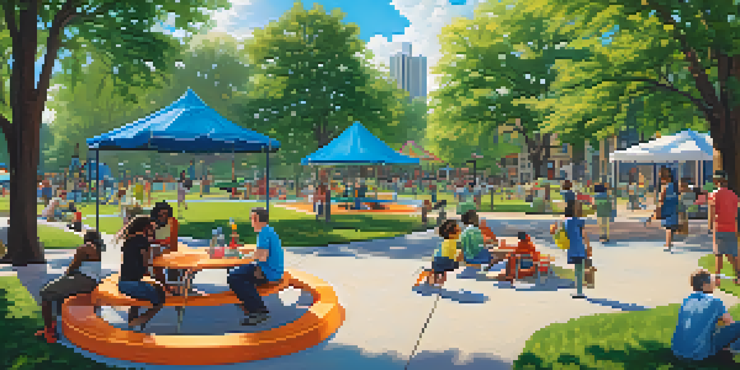 A lively urban park in Detroit with people enjoying various activities amidst greenery and colorful flowers.