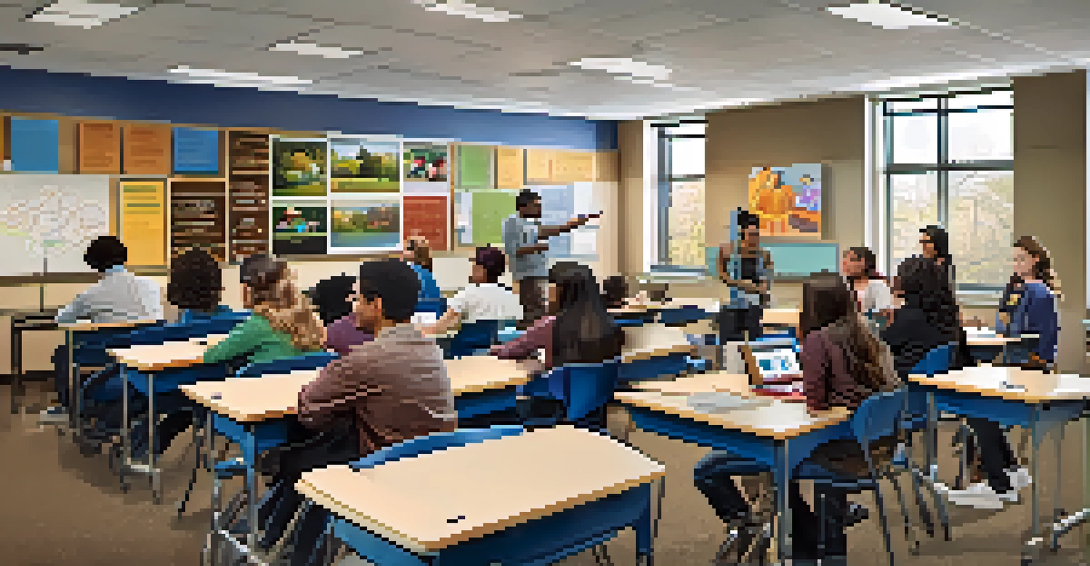 A classroom in Detroit with a professor and students working together on a project, featuring modern technology and educational materials.
