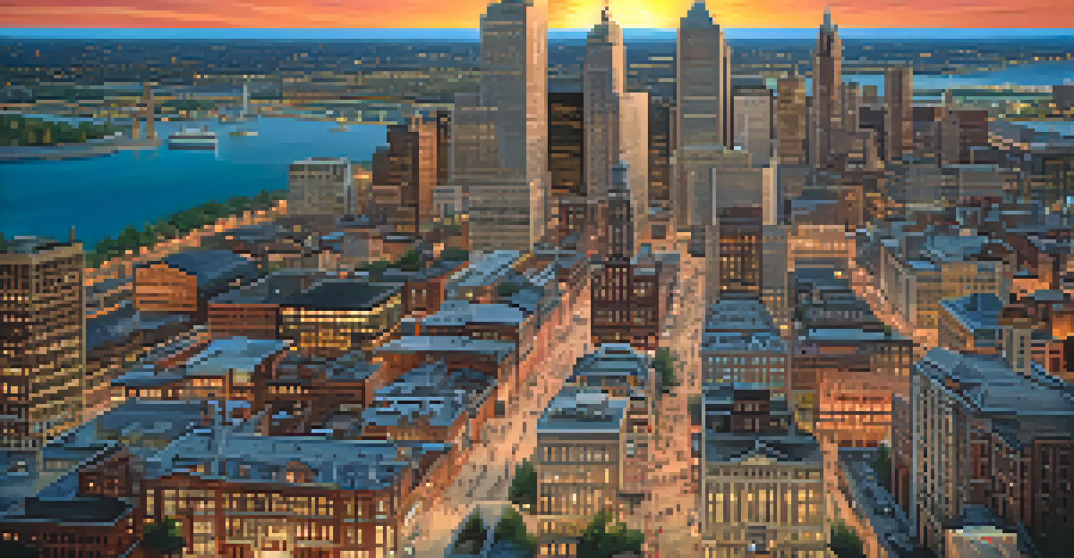 Aerial view of Detroit's skyline at sunset with film festival banners and crowds below.