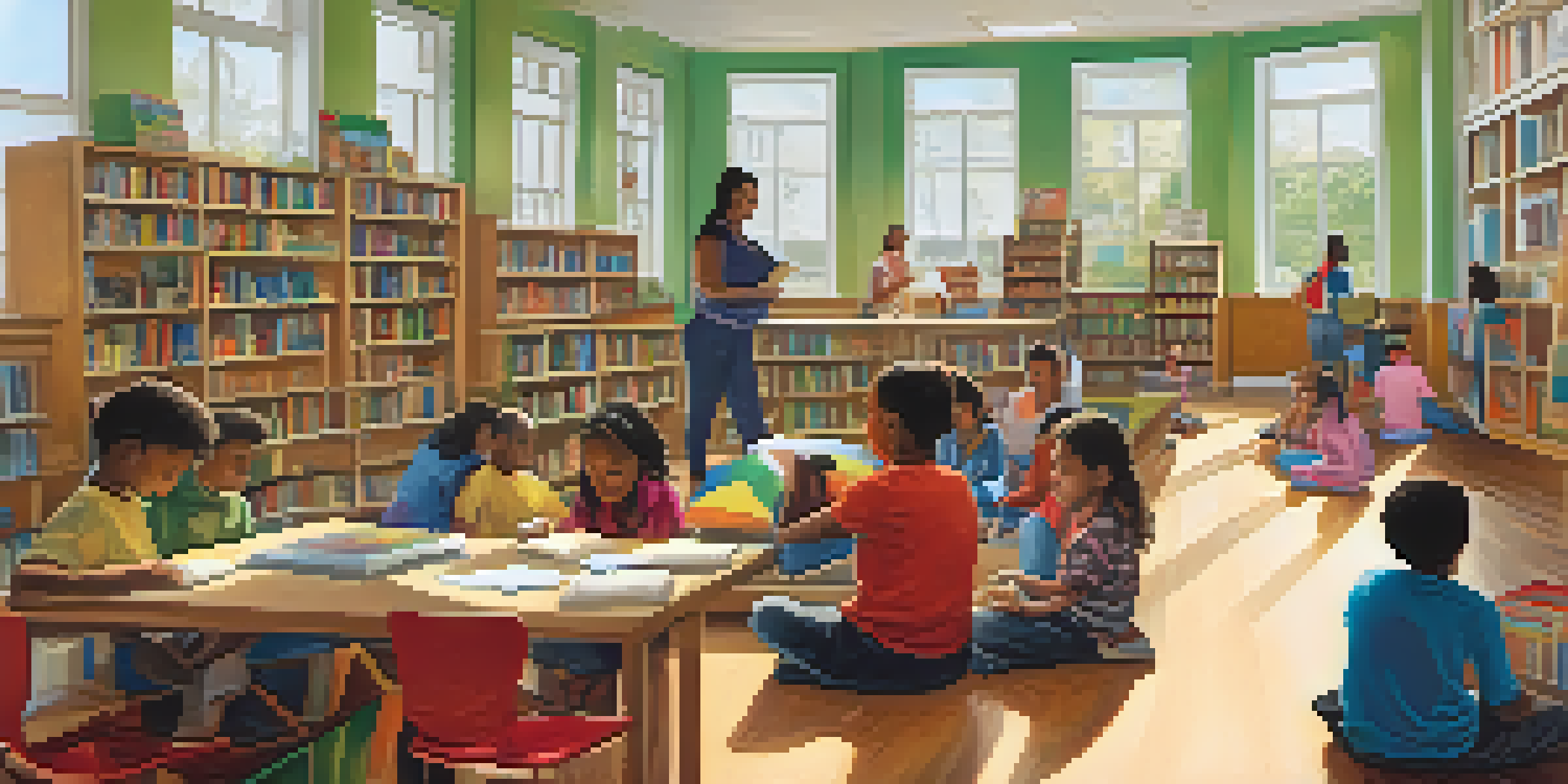 A lively community library filled with diverse groups of people engaging in reading and workshops, with colorful bookshelves and natural light.