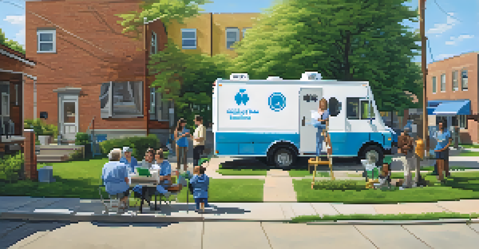 A mobile health clinic in a Detroit neighborhood providing vaccinations and health screenings, with healthcare professionals and local families interacting in a sunny environment.