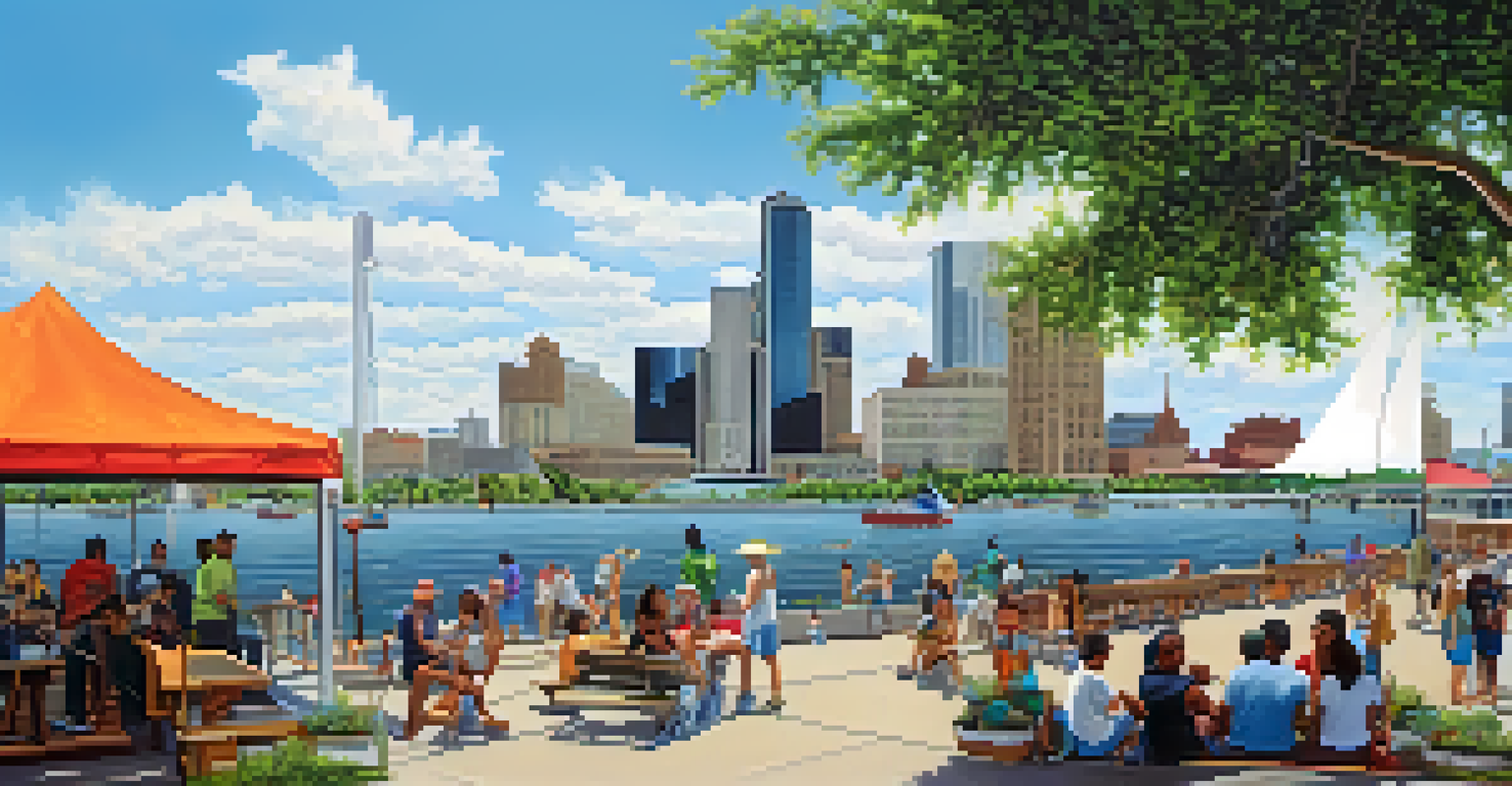 A panoramic view of the Detroit Riverwalk featuring outdoor art installations and people enjoying the waterfront, with a skyline in the background.
