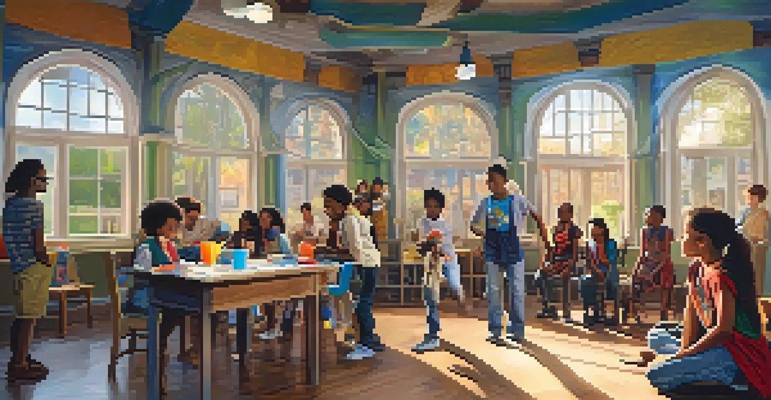 A vibrant workshop scene showing young aspiring actors engaged in creative activities with colorful props and costumes in a well-lit room.