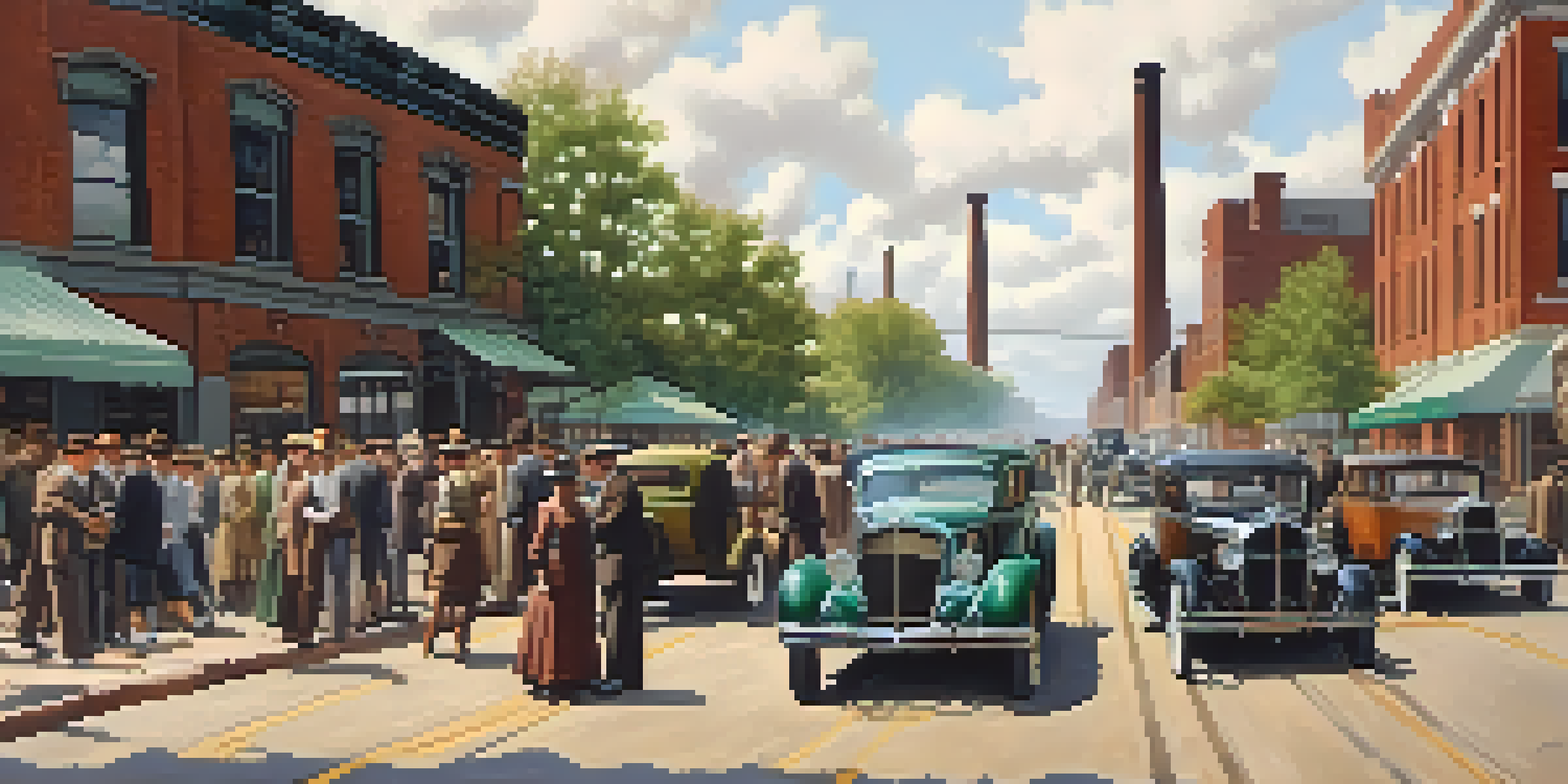 A historical street scene in early 20th century Detroit, featuring vintage cars and diverse workers in period clothing.