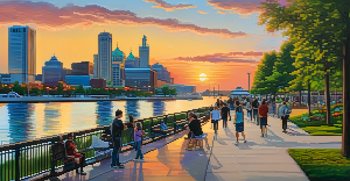A scenic sunset view of the Detroit Riverwalk with people enjoying outdoor activities and the skyline in the background.