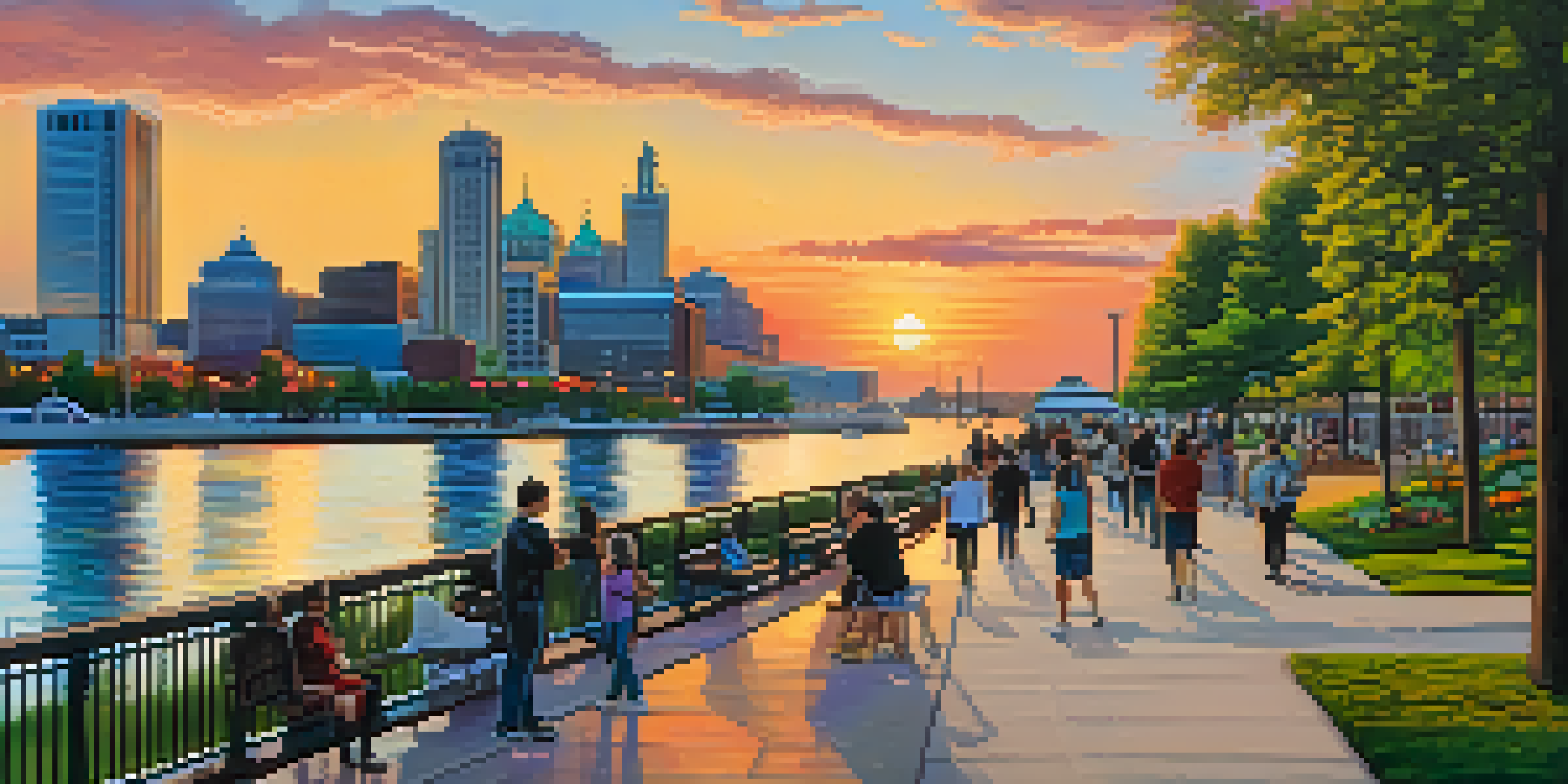 A scenic sunset view of the Detroit Riverwalk with people enjoying outdoor activities and the skyline in the background.