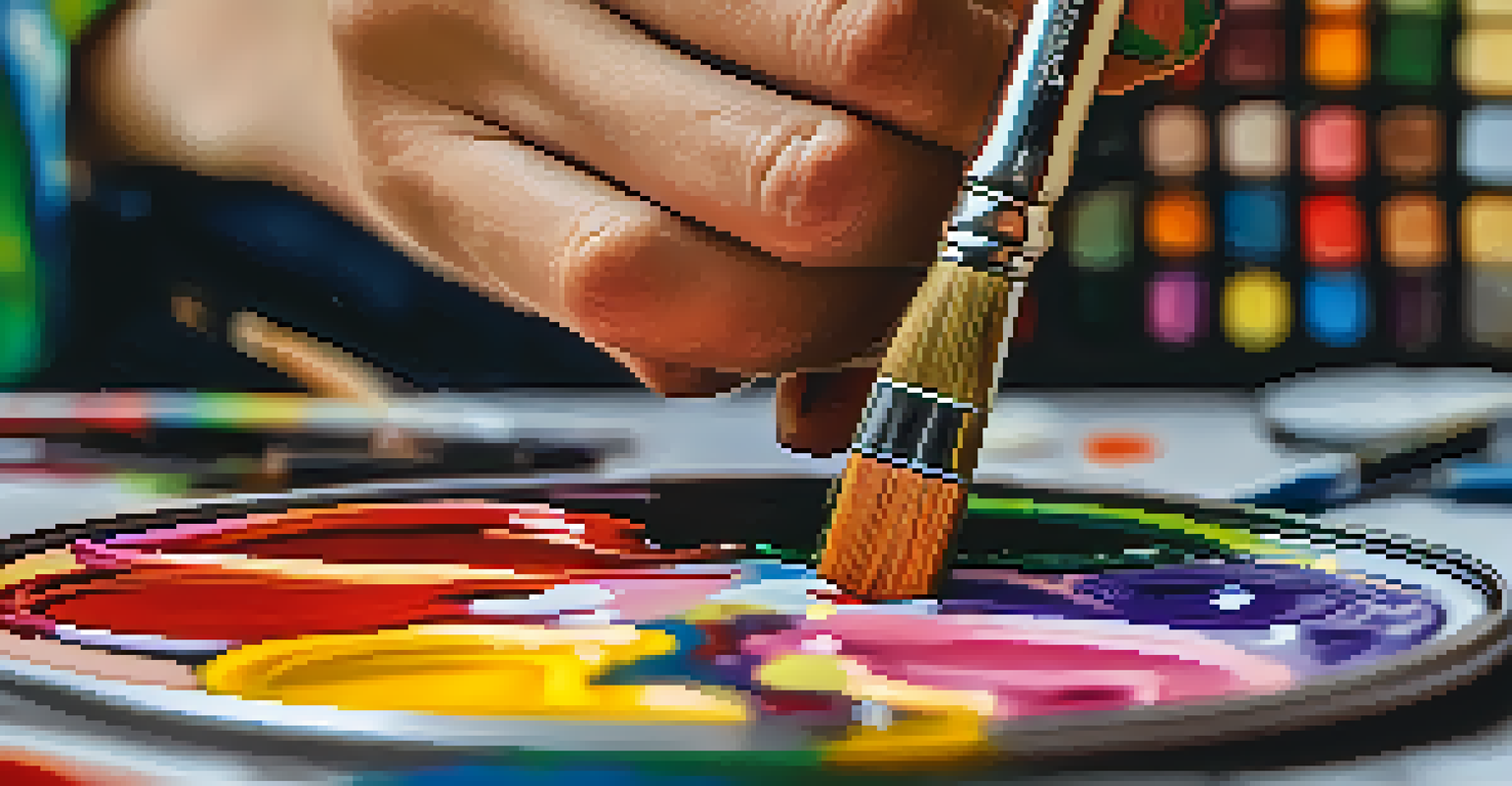 A close-up of an artist's hand painting on a canvas with vibrant colors, highlighting brushwork and paint texture.