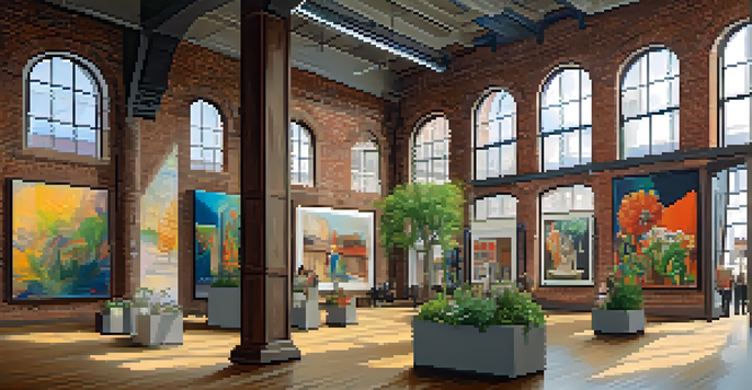 A lively art gallery in Detroit filled with visitors admiring colorful artworks and discussing art.