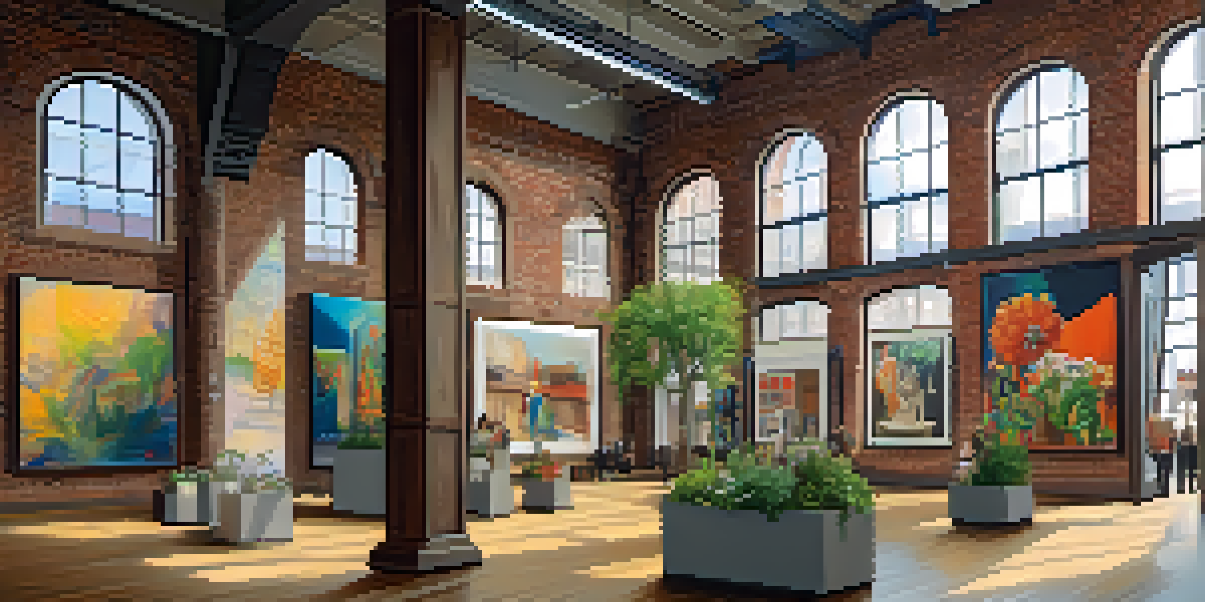 A lively art gallery in Detroit filled with visitors admiring colorful artworks and discussing art.