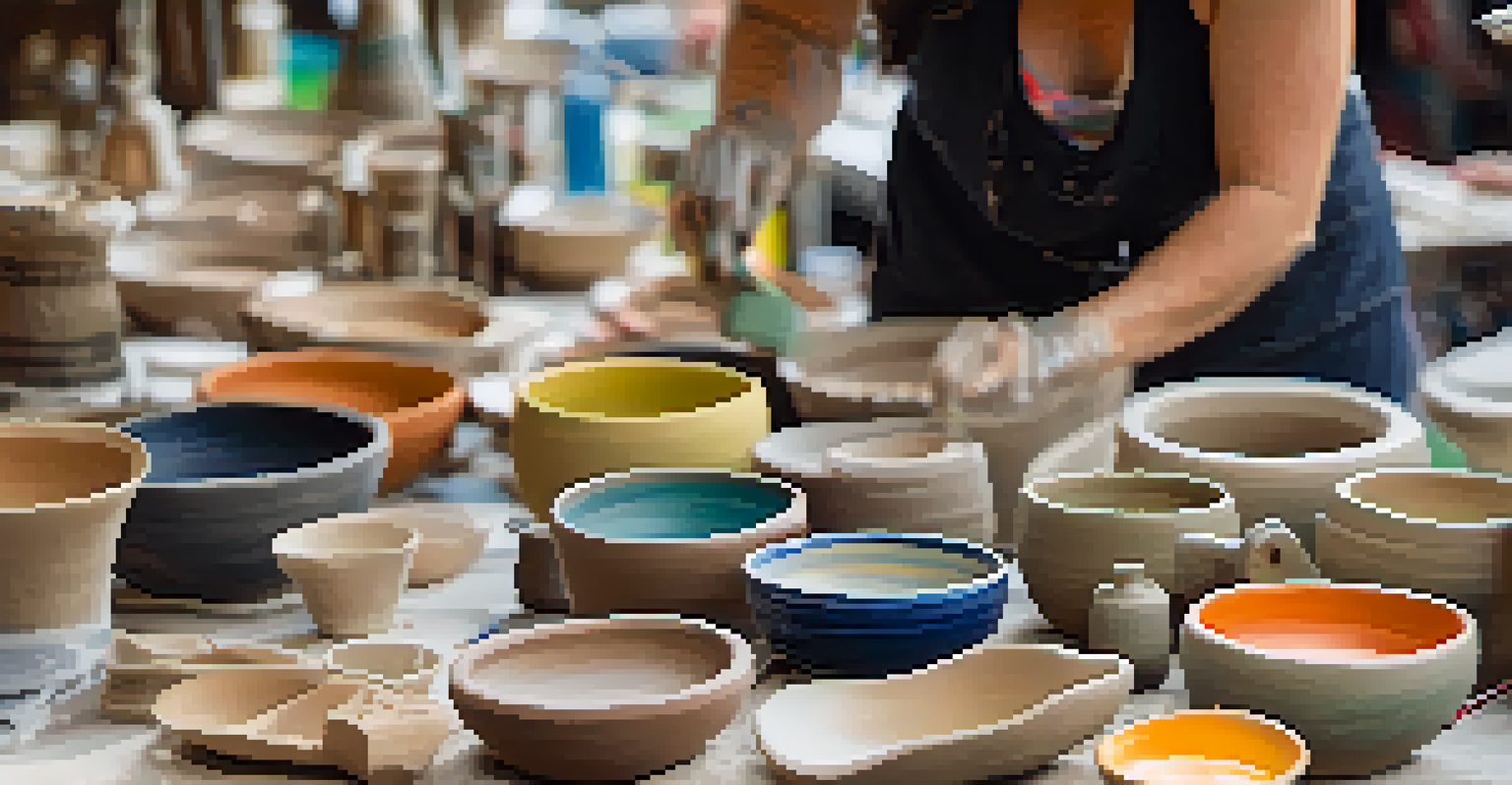 A pottery workshop at the Detroit Arts & Crafts Festival, featuring a local artist teaching participants with clay and pottery tools on the table.