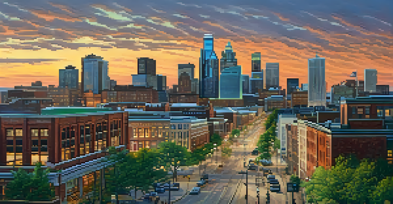 A panoramic sunset view of Detroit's revitalized downtown area, featuring modern skyscrapers, historic buildings, and bustling street life.