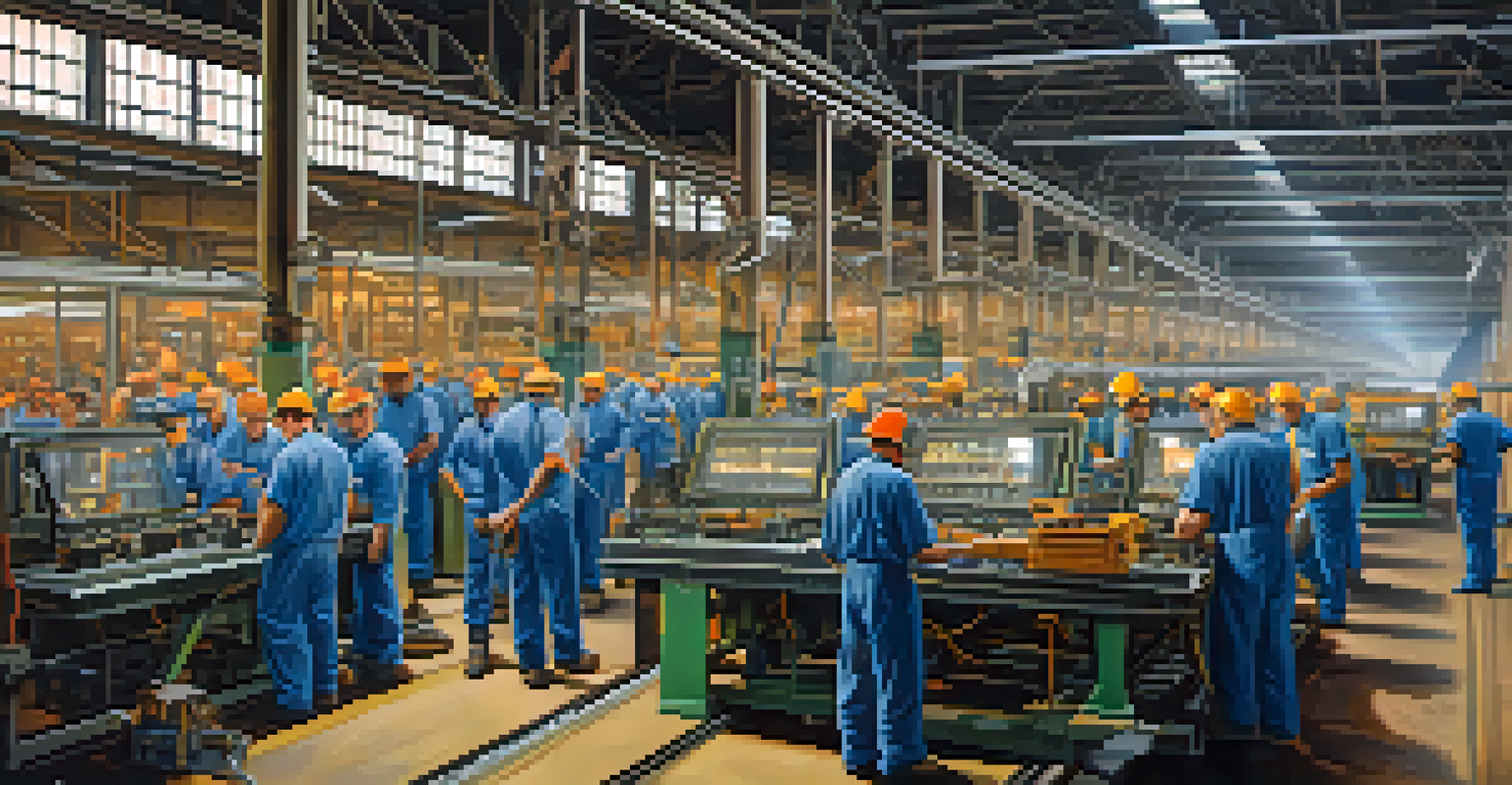 A busy manufacturing factory in Detroit with workers in safety gear operating machines on assembly lines, illuminated by bright lights.