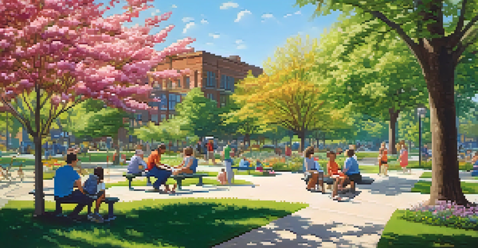 An urban park in Detroit filled with trees and flower beds, families enjoying the day, children playing, and a community garden in the background under a sunny sky.