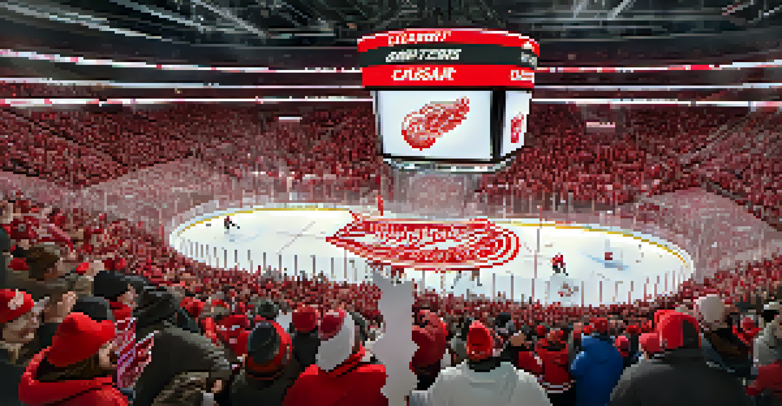An action-packed scene at Little Caesars Arena during a Red Wings game, with players on the ice and fans cheering in the stands.