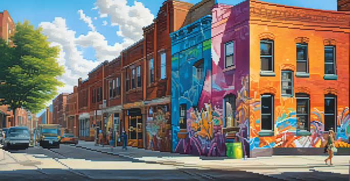 A colorful mural being painted on a wall in Detroit, surrounded by historic buildings and artists at work during bright sunlight.
