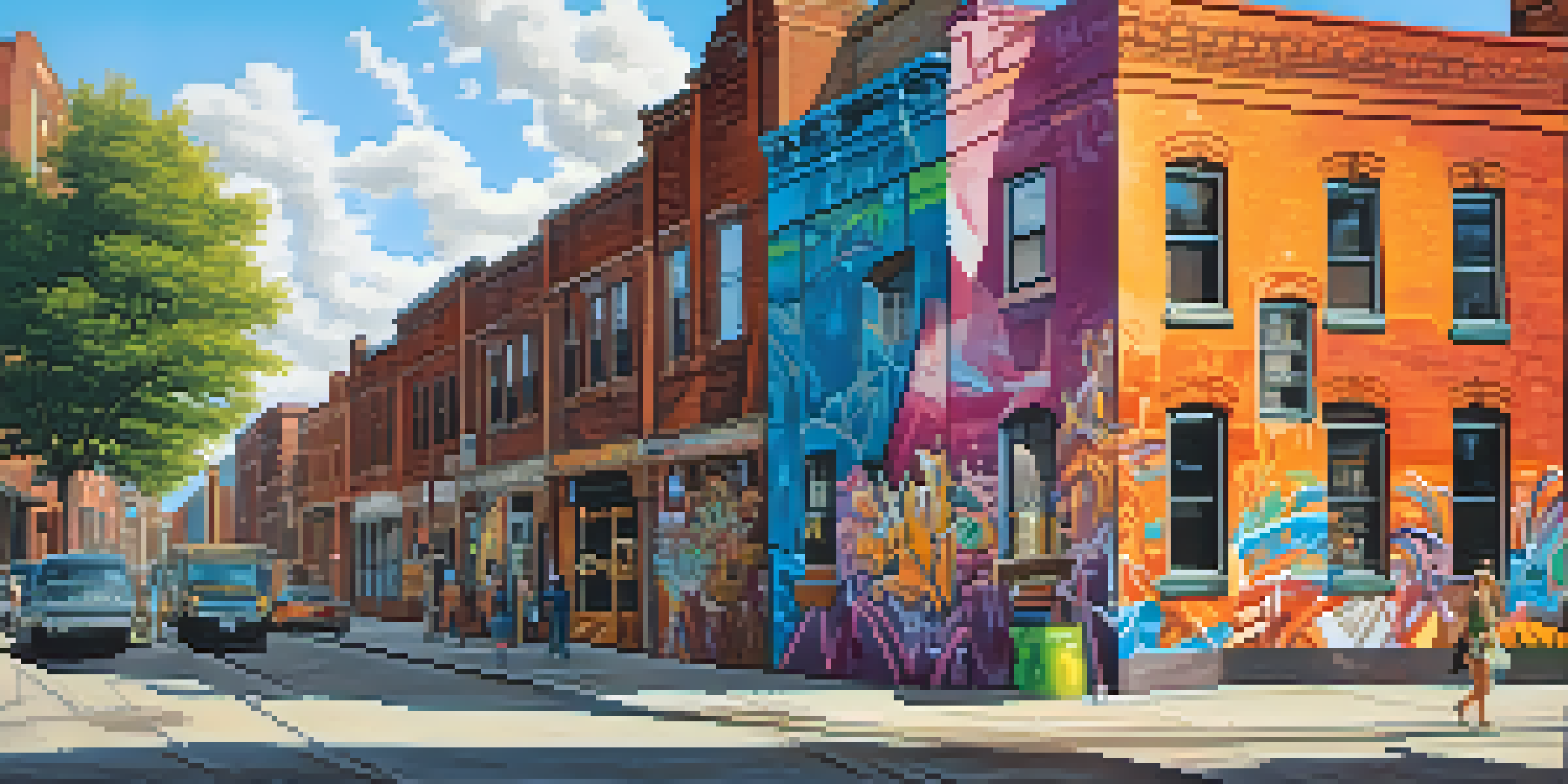 A colorful mural being painted on a wall in Detroit, surrounded by historic buildings and artists at work during bright sunlight.