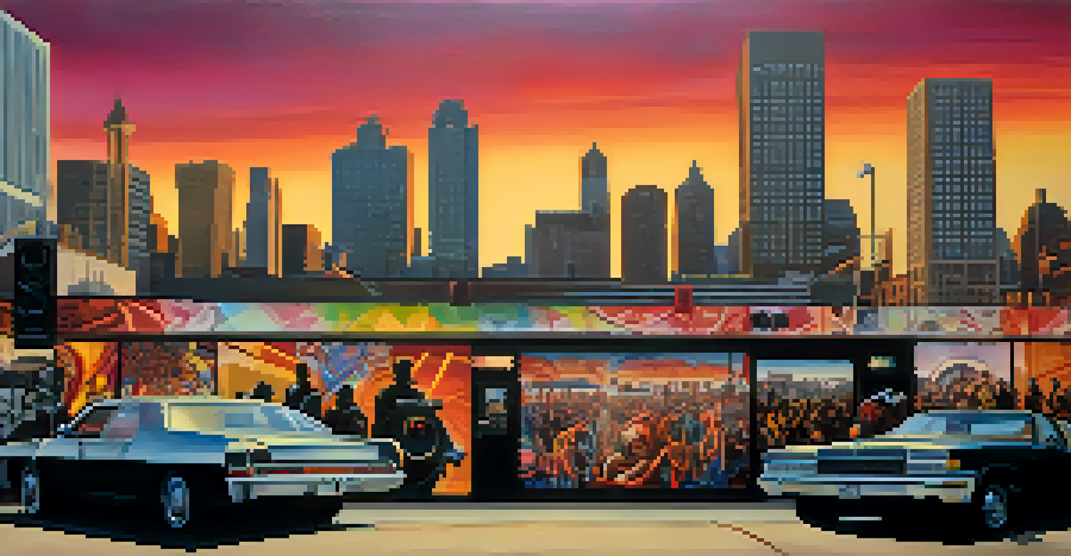 Artistic depiction of a Detroit landscape featuring murals and graffiti celebrating techno music at sunset.