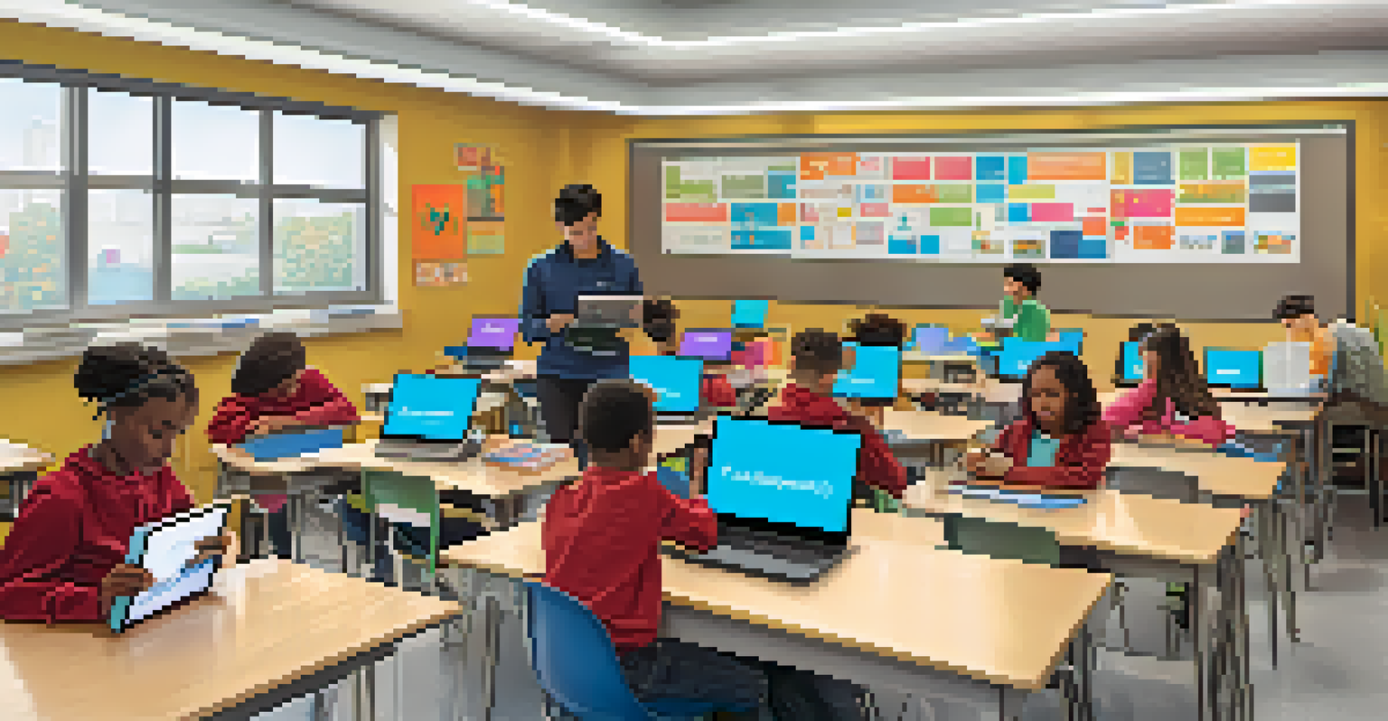 Students in a vibrant classroom using technology for personalized learning, with a teacher assisting and educational materials around them.