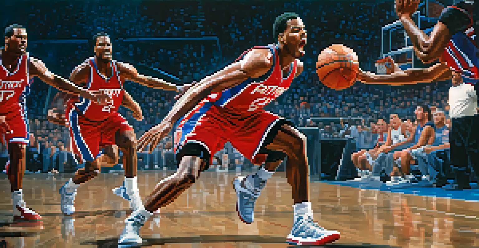 A Detroit Pistons player from the 'Bad Boys' era in action during a game, surrounded by excited fans.