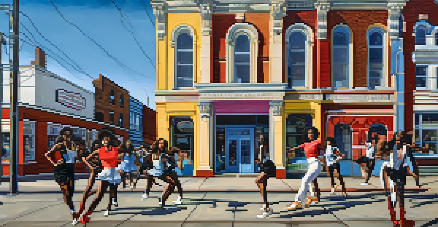 An artist performing in front of the Motown Museum in Detroit, with dancers and vibrant colors, showcasing the city's musical heritage.