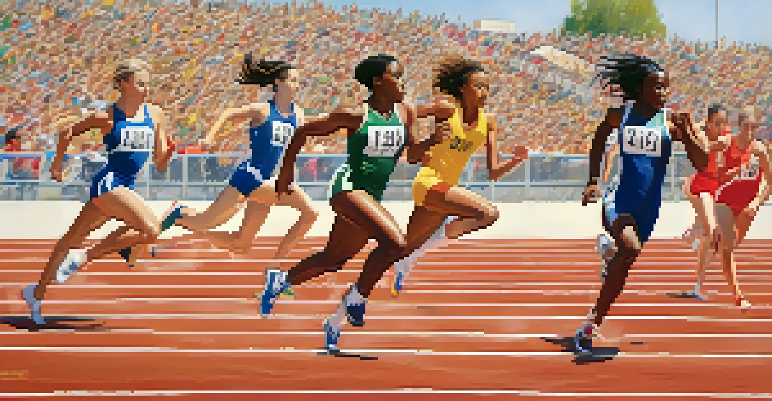 High school track team competing in a relay race, athletes passing the baton with determination and excitement.