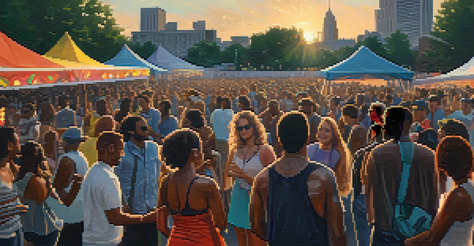 A lively outdoor music festival in Detroit with diverse musicians performing on stage and an enthusiastic crowd dancing.