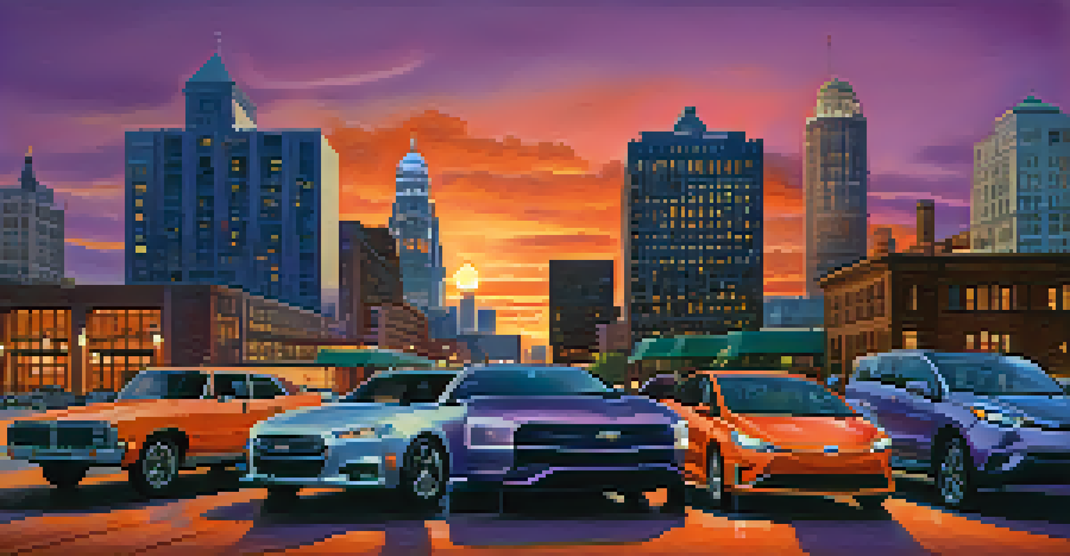 A modern skyline of Detroit at dusk with electric vehicles, showcasing the city's evolution and blend of architecture.