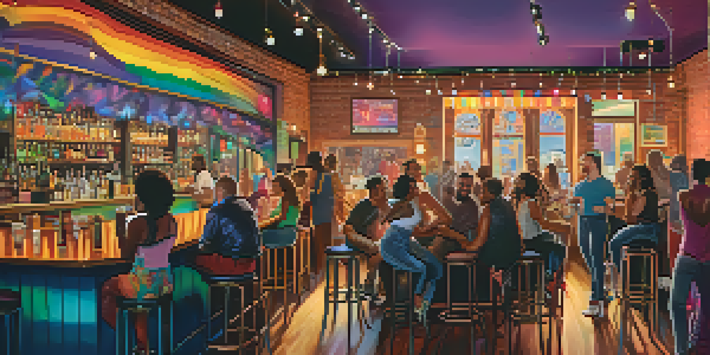 A lively LGBTQ+ bar in Detroit with diverse patrons, colorful lights, and a drag performer on stage, creating an inclusive atmosphere.