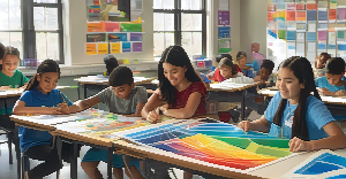 A diverse group of students working together on a STEM project in a colorful classroom, with sunlight streaming through windows.