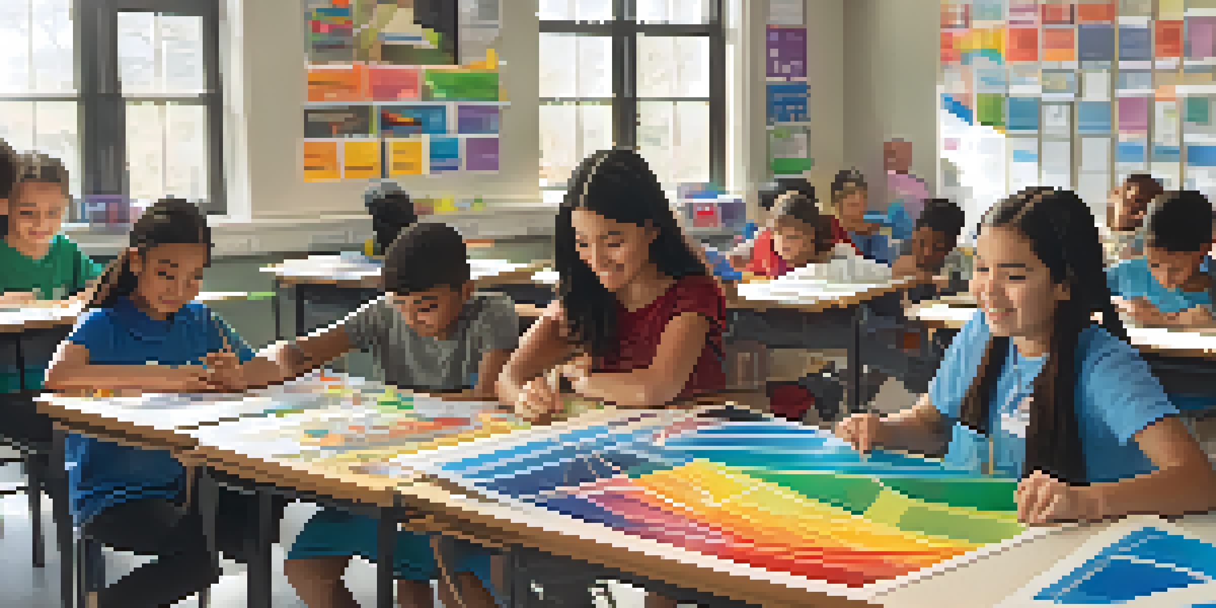 A diverse group of students working together on a STEM project in a colorful classroom, with sunlight streaming through windows.