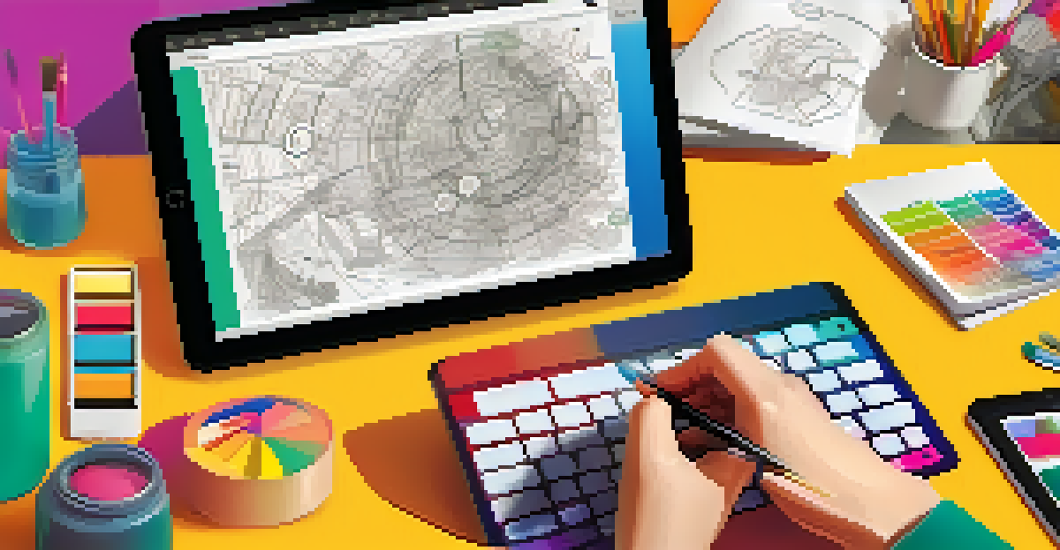 A close-up of a designer's hands using a digital tablet, with colorful illustrations and sketches in a creative workspace.