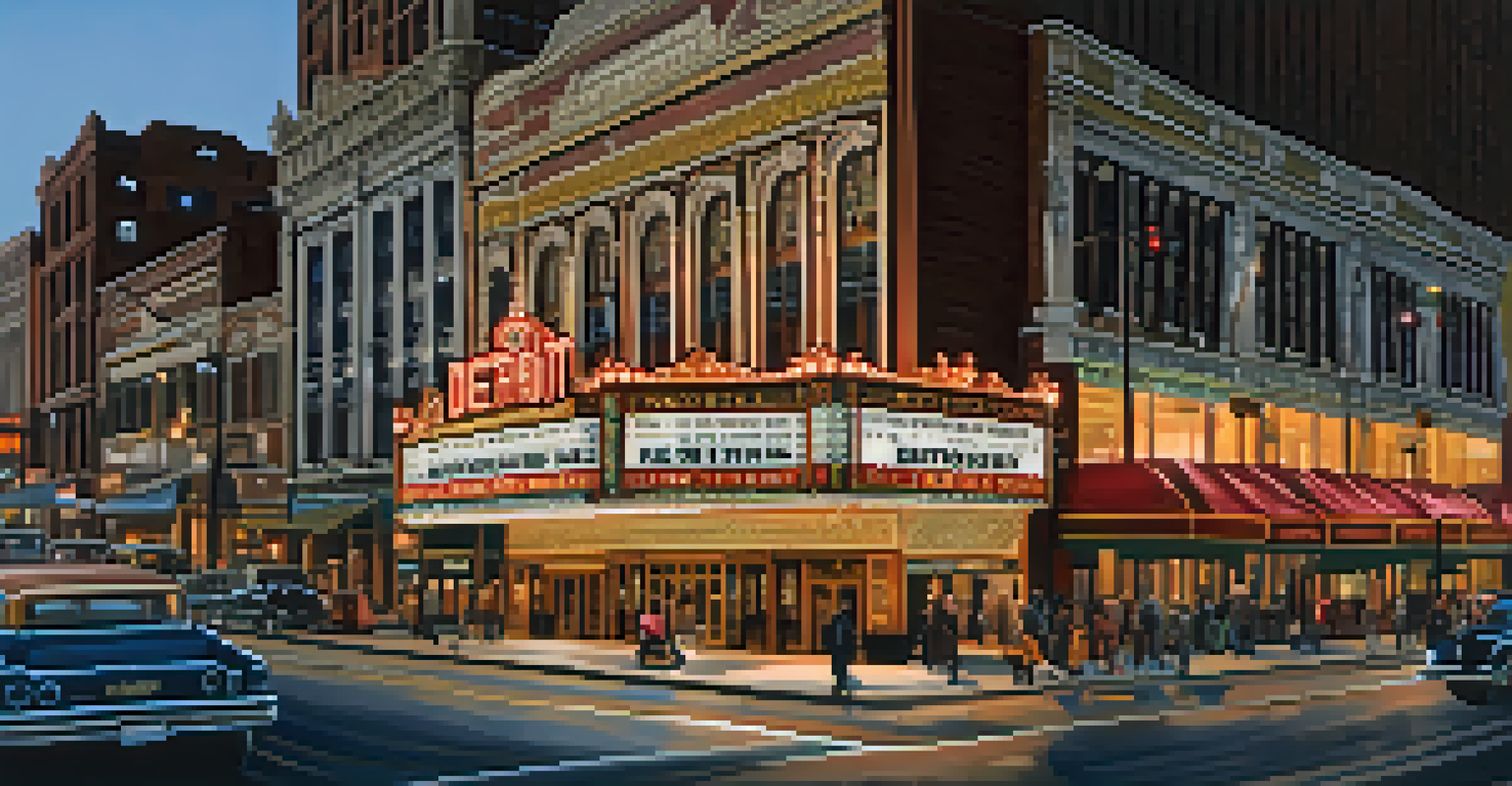 Panoramic view of Detroit Theatre District with various historic theaters illuminated at night.