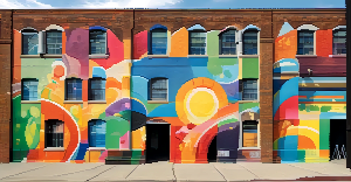 A colorful mural on a brick wall in Detroit, depicting young artists working together with paint cans and brushes under soft sunlight.