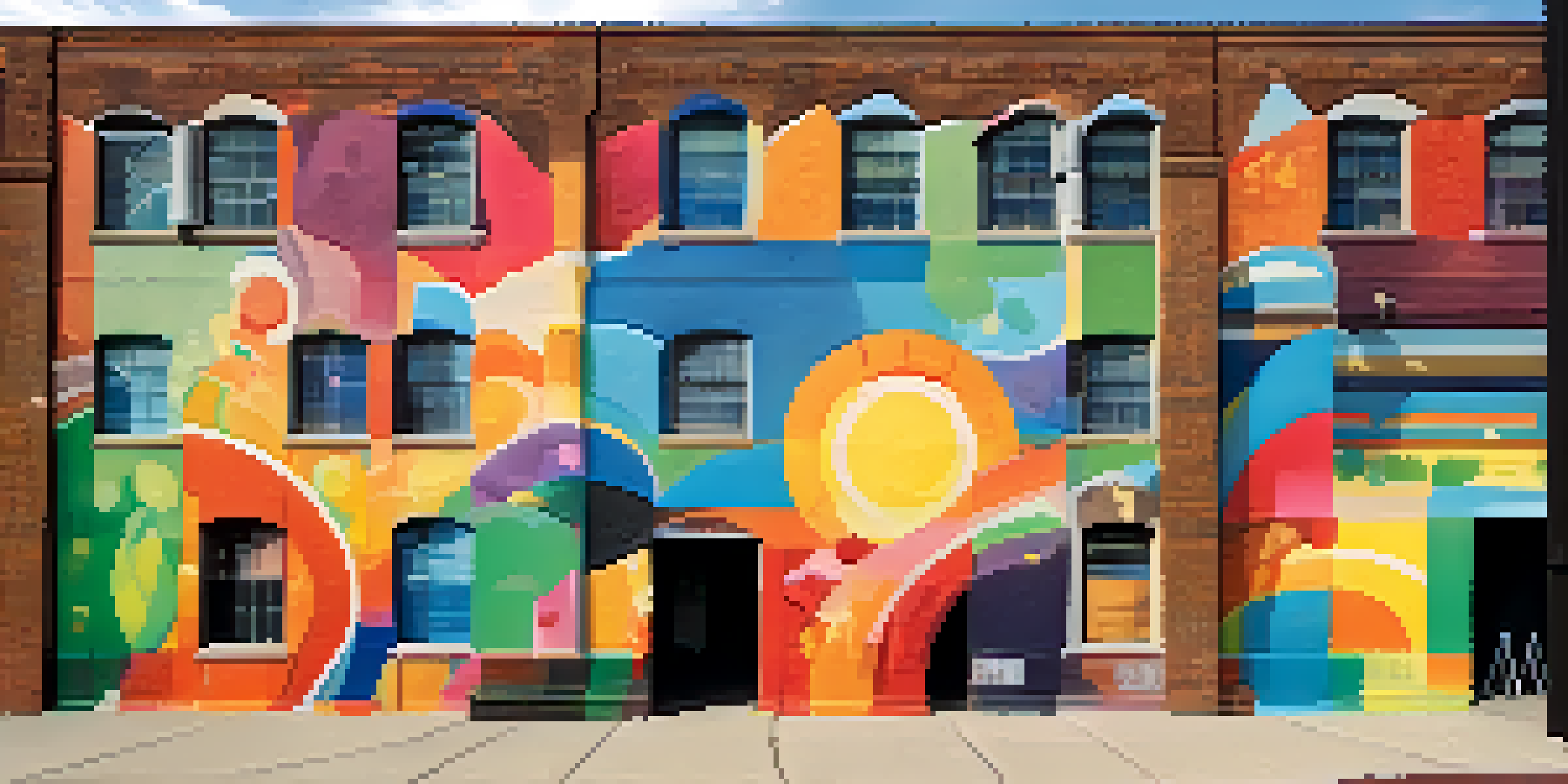 A colorful mural on a brick wall in Detroit, depicting young artists working together with paint cans and brushes under soft sunlight.