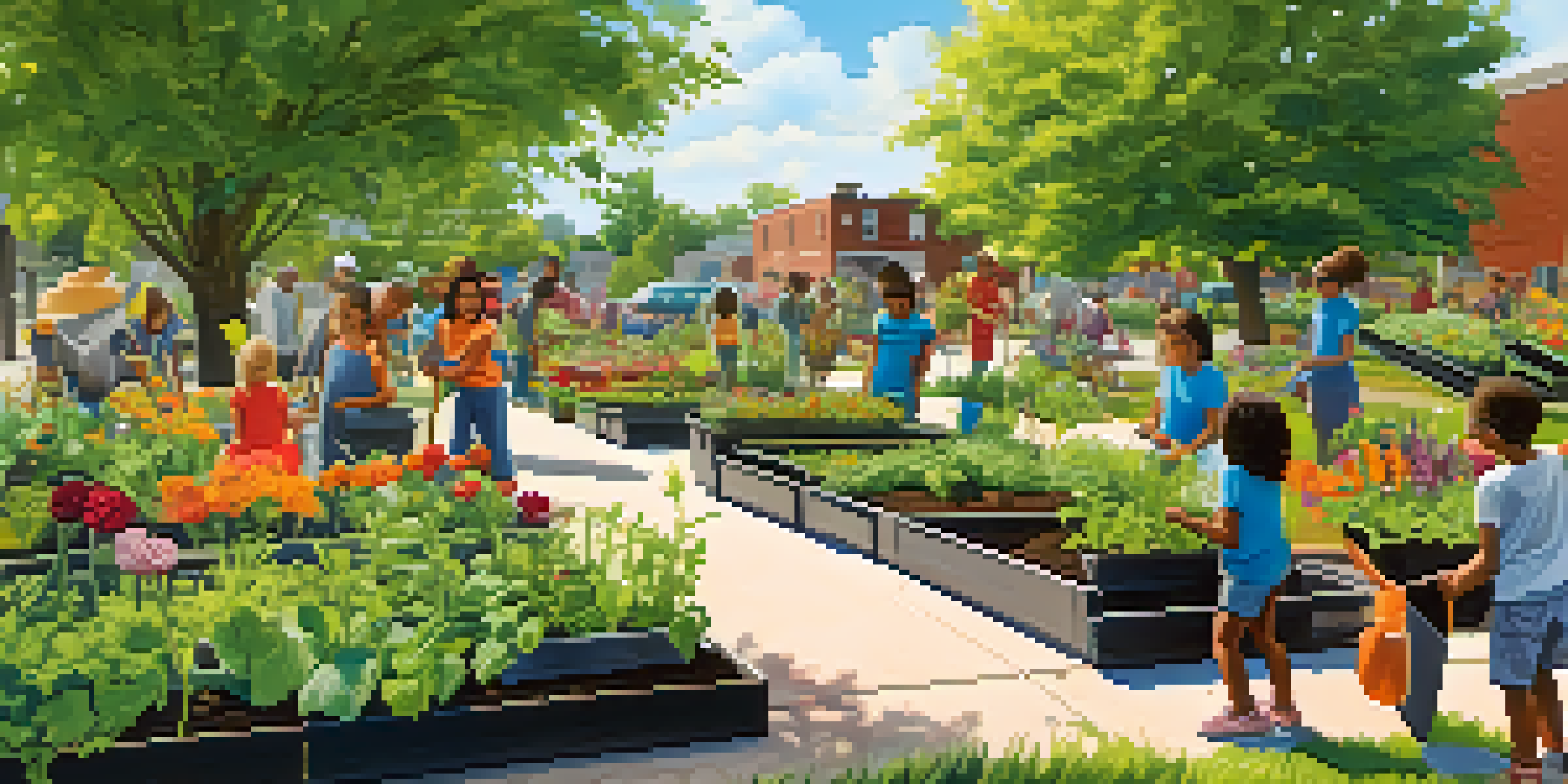 A lively community garden in Detroit with people of various ages planting and tending to vegetables and flowers under a sunny sky.
