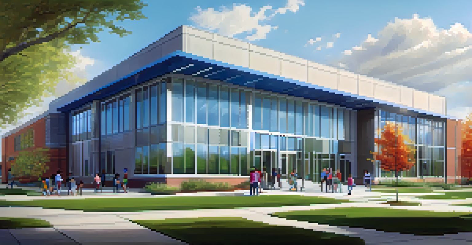 A contemporary charter school building with large windows and green landscaping, with families arriving for school.