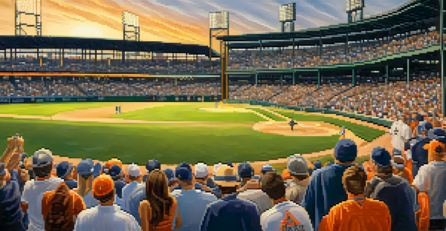 A lively crowd at Comerica Park enjoying a Detroit Tigers game during sunset.