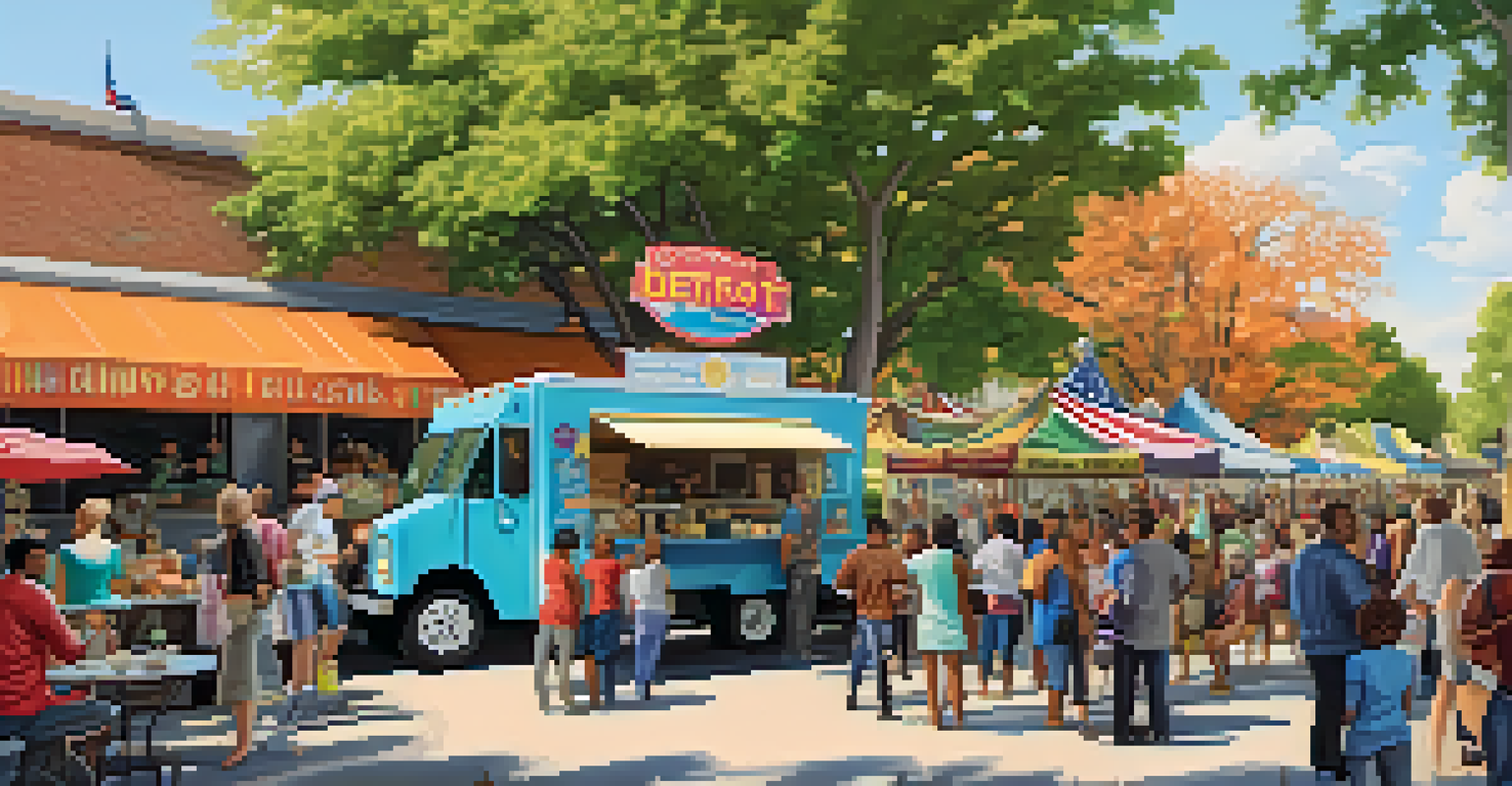 A vibrant food truck rally in Detroit with people enjoying diverse cuisines from colorful food trucks.