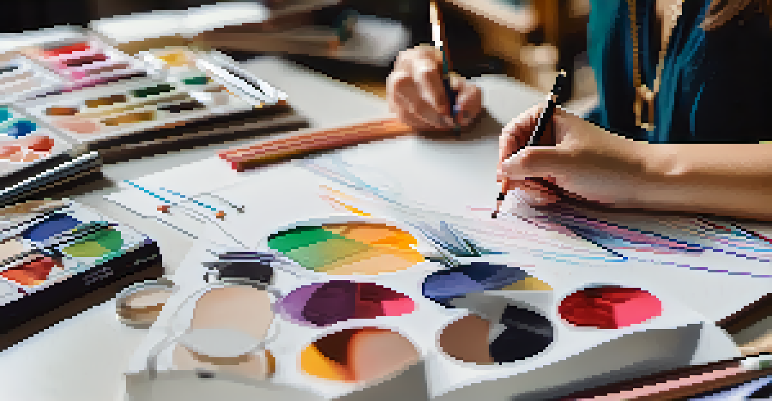 A student's hands sketching a fashion design with art supplies scattered around in a creative workspace.