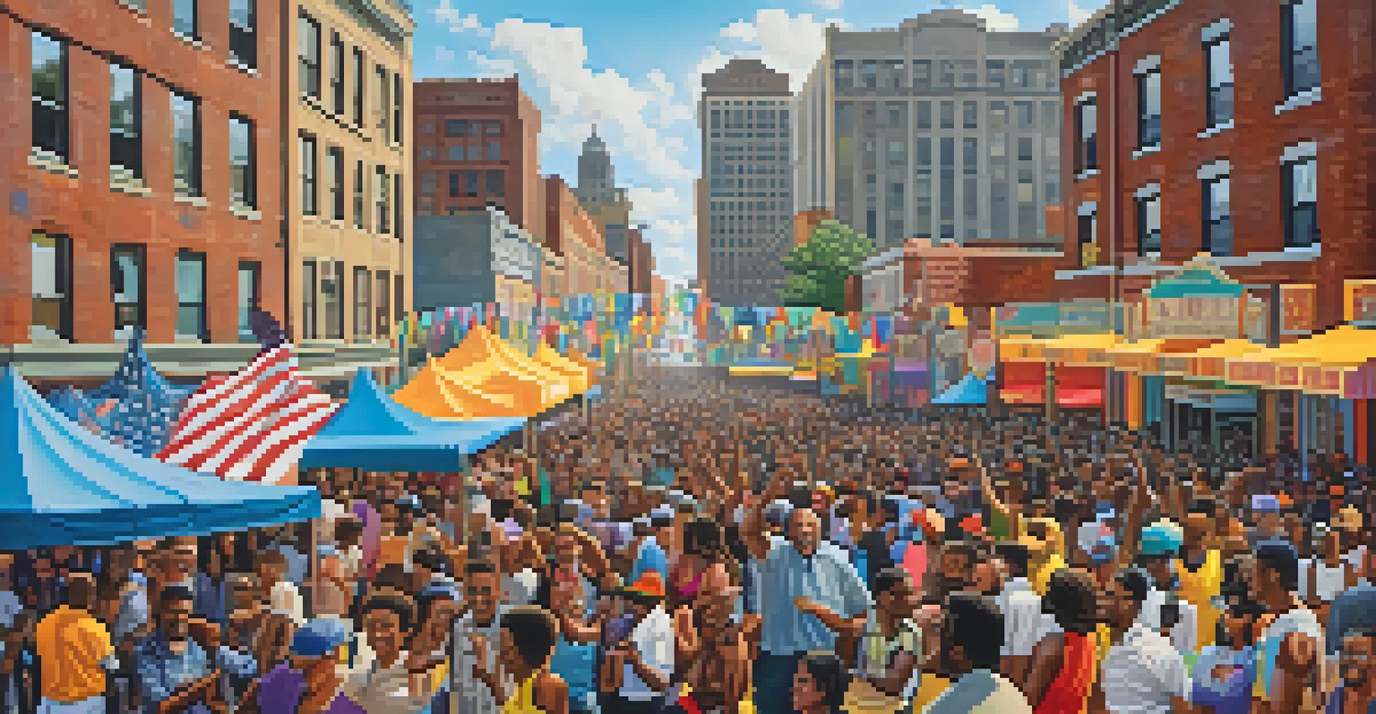 A lively outdoor Motown music festival in Detroit, featuring a diverse crowd and vibrant decorations.