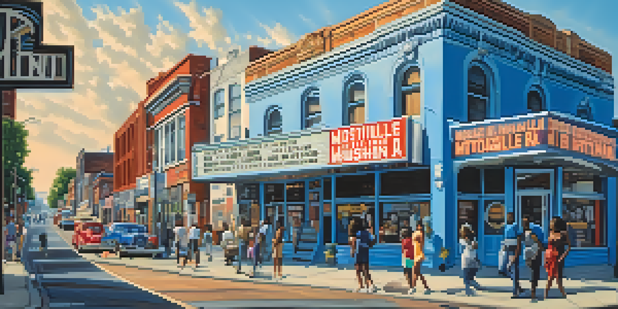 A lively street scene in Detroit with the Motown Museum and colorful murals of Motown artists.